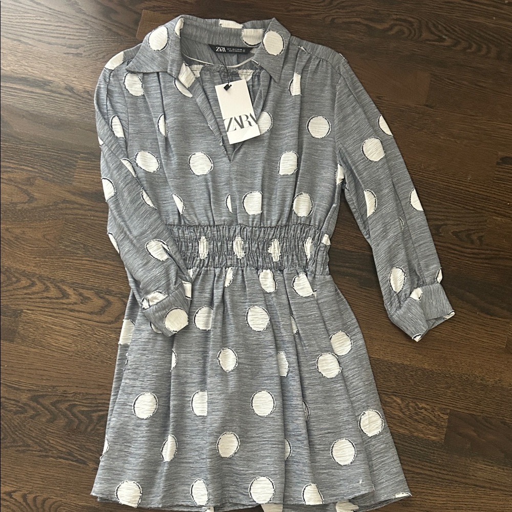 Zara Women's Gray and White Polka Dot Dress